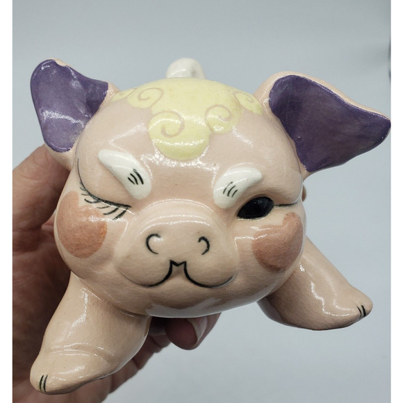 Vintage KAY FINCH Winking Pig California Hand Painted Pottery Lucky Horseshoes - Picture 1 of 10
